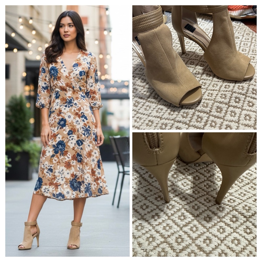 White House Black Market Tan Peep-Toe Heels